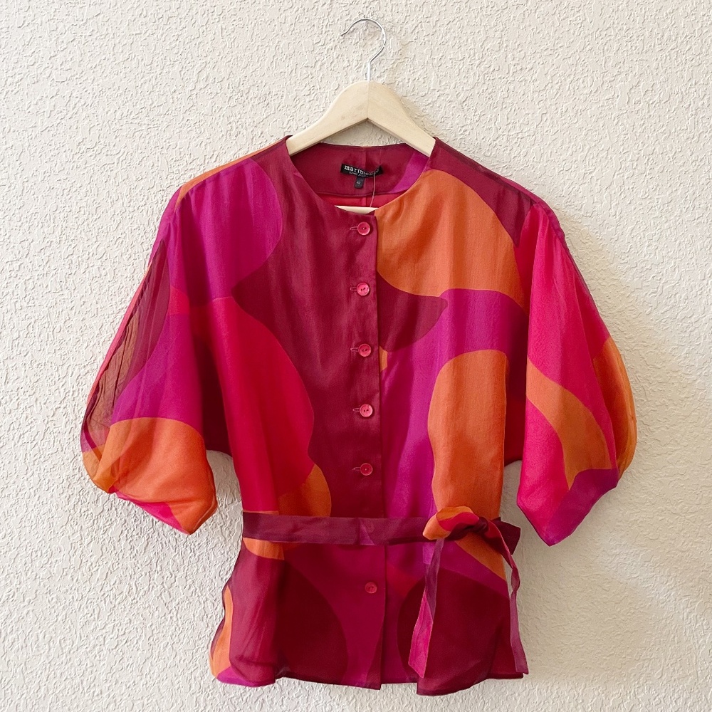 Marimekko Samu Jussi Koski Top Blouse Silk Organza Dressy Work Artsy Pink 8 New